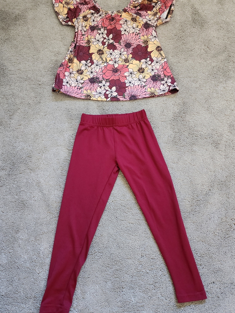 Girls' Floral Top and Maroon Stretch Leggings